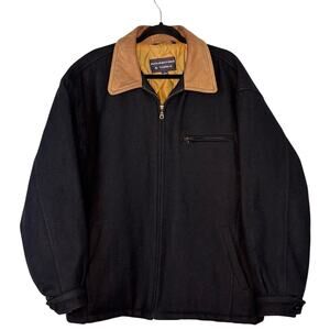 Vintage Mens Chore Barn Coat Wool Blend Leather Quilted Black Size L